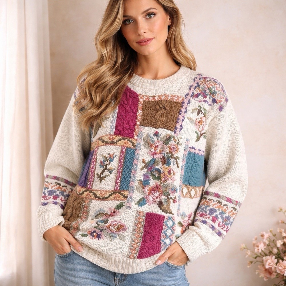 Patchwork Floral Knit Sweater Intarsia Cottagecore Womens Small